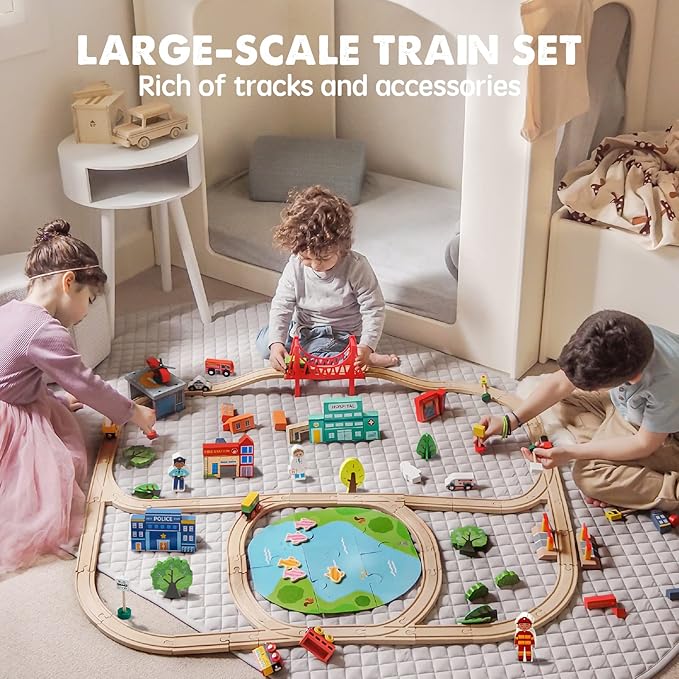Tiny Land Train Set 110pcs Wooden Train Set, Toy Train Set with Tracks & Accessories, Montessori Toys for Boys & Girls Ages 3-7, Birthday Gift Railway Set for Toddlers & Kids