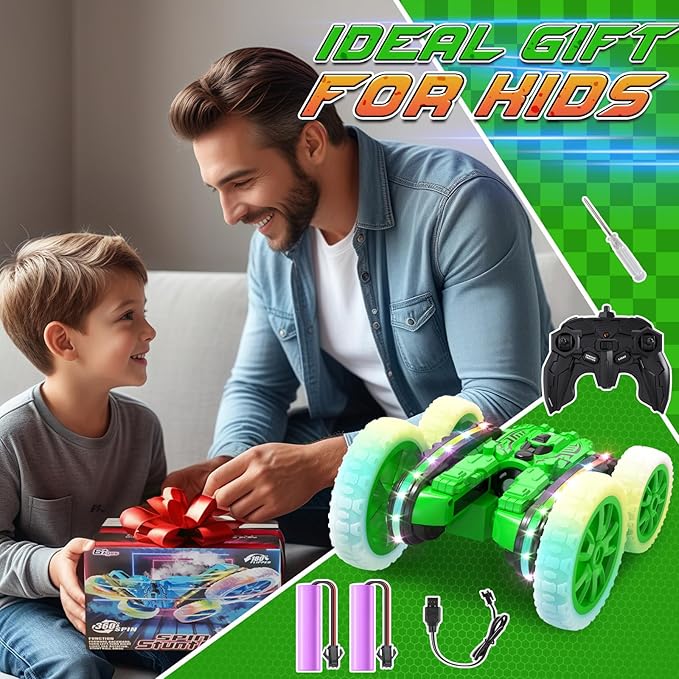 Remote Control Car,RC Cars with Sides Light and Headlights,360°Rotating 4WD Spray RC Stunt Car,2.4Ghz All Terrain Toy Car for Boys Age 4-7 Kids Toy for 8-12 Boys Girls Birthday Gift(Green)