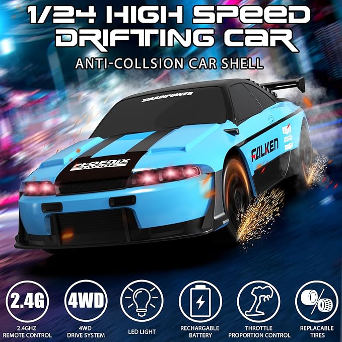 Remote Control Car, 1/24 Scale RC Drift Car, 4WD 15KM/H High Speed RC Cars, Racing Sport Toy Car with LED Lights, Racing Tire, Birthday for Kids Boys Girls, Rechargeable Battery