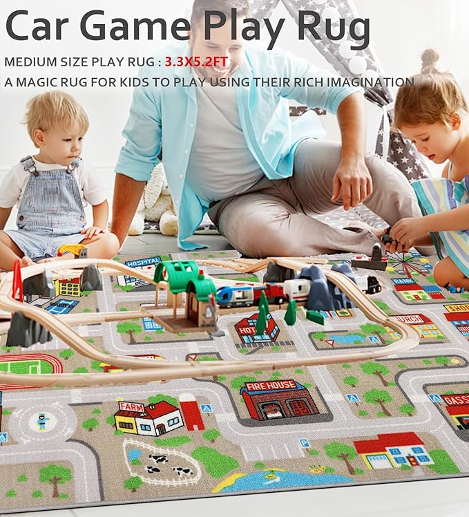 Educational Road Traffic Carpet Kids Carpet Playmat Car Rug Fun City Life Map Kids Car Rug Non Slip Play Carpet for Children Playroom Bedroom Classroom Decor (Tan, 5'0''x6'6'')