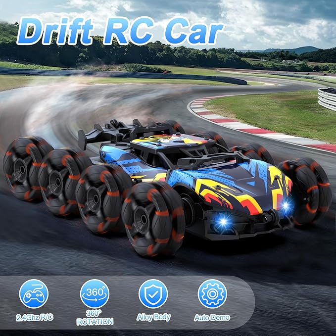 Scientoy Remote Control Car, 2.4Ghz RC Stunt Car Toys for Boys Girls Ages 6-8-10 with Lights Music Spray, 8 Wheels All Terrain RC Drift Car Toys for Ages 8-13 Birthday Gift with 2 Batteries