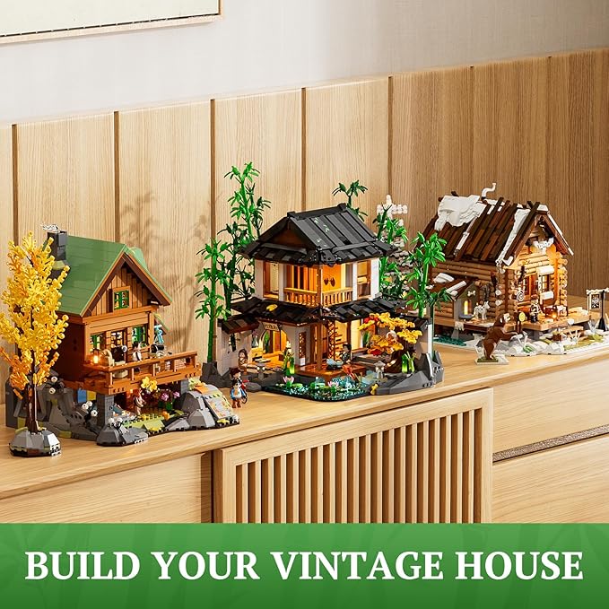 Bamboo-House Lighting Building-Bricks Set - Retro Chinese Bamboo Cabin and Treehouse Collection LED Light Set 2432 Pcs for Adults and Retro House Building Collectors