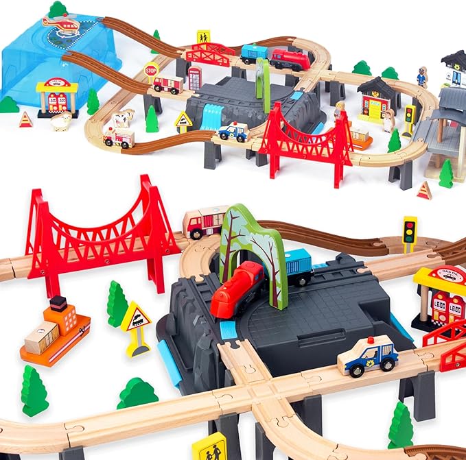 100Pcs Wooden Train Set for 3 Year Old Boys, Double-Side Train Set Tracks with Bridge Train Station & Storage Box, Fits Brio, Thomas, Melissa and Doug, Kids Gift Toys for Boy 3-7 (100pcs)