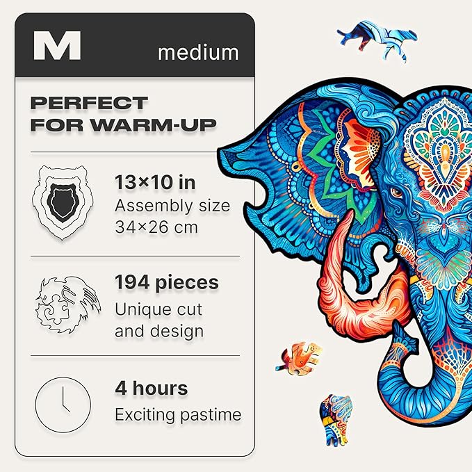 UNIDRAGON Original Wooden Jigsaw Puzzles - Eternal Elephant, 194 Pieces, Medium Size 13"x10", Beautiful Gift Package, Unique Shape Best Gift for Adults and Kids
