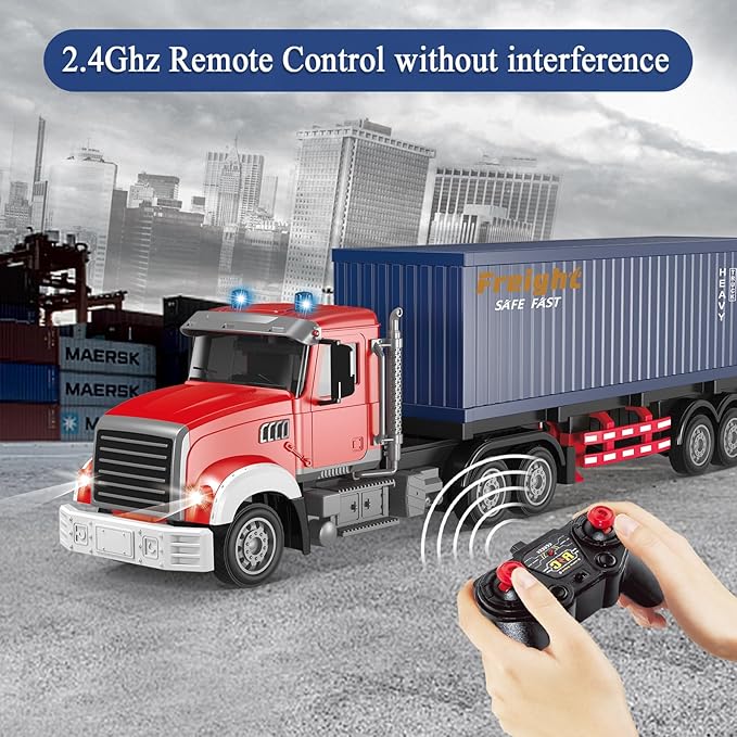 Mostop RC Semi Truck with Trailer - 22.5 Inch Remote Control Semi Truck Toy for Kids, 1:24 Scale Container Truck with 2 Batteries, Carrier Van Transport Vehicle with LED Light & Music,Great Gift