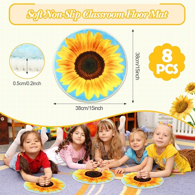 8 Pcs Classroom Carpet Kids Rug 15 x 15 Inch Back to School Supplies Round Non Slip Mat for Nursery Kindergarten Playroom Bedroom(Sunflower)