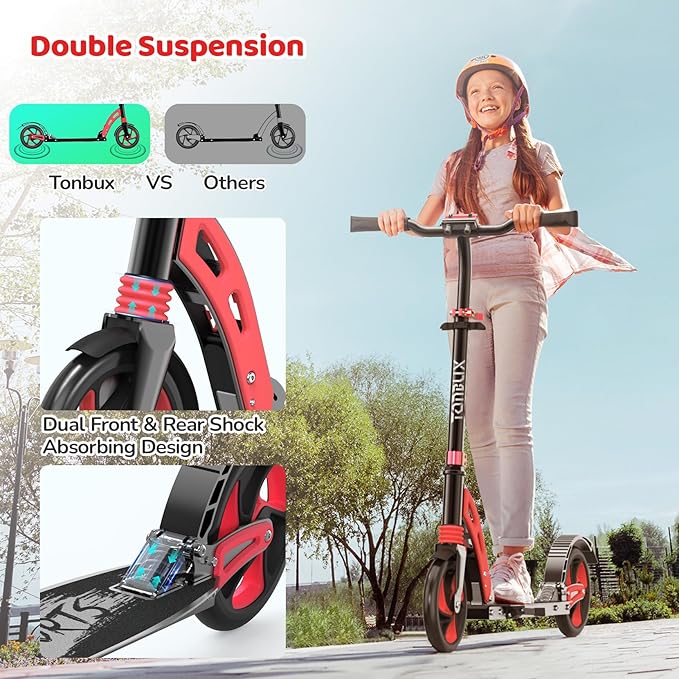 TONBUX Kick Scooter for Ages 6+, Dual Suspension Kids Scooter with Lightweight Aluminum Frame, Adjustable Handlebar Scooters for Kids, Teens and Adults