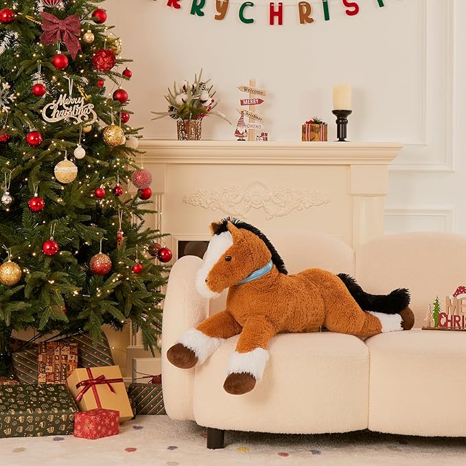 MaoGoLan Large Horse Plush Stuffed Animal, Big Horse Plush Toy, Stuffed Foal Toy, Ridable Pony Plush Pillow for Kids Girls 33 inches Tan