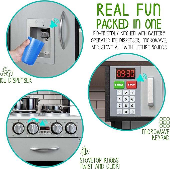 Lil' Jumbl Kids Kitchen Set, Pretend Wooden Play Kitchen, Battery Operated Icemaker & Microwave with Realistic Sound, Pots & Pan Included - Charcoal