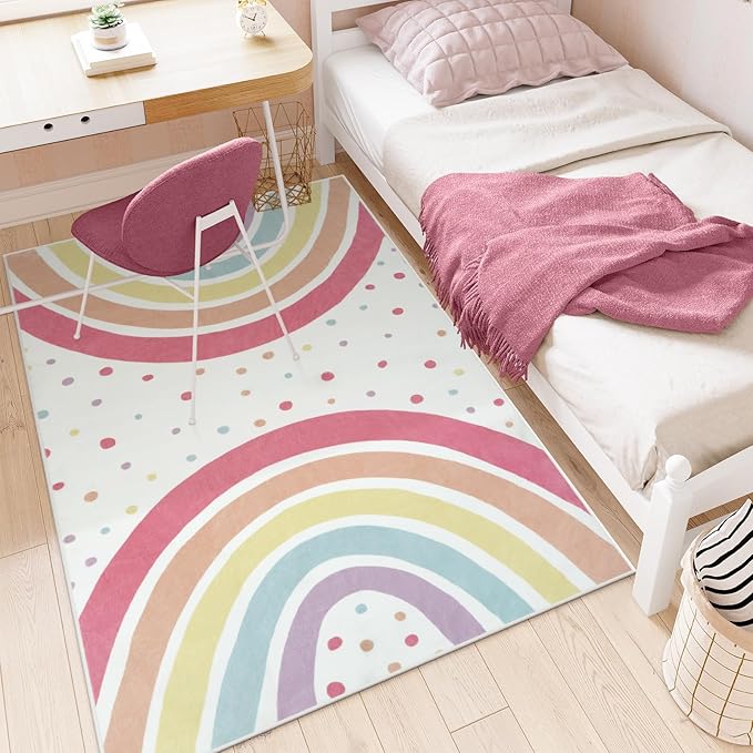 STARUIA Washable Rainbow Area Rug for Girls Bedroom, Colorful 4x6 Nursery Kid Room Rug, Non-Slip Soft Polka Dot Carpet for Classroom Playroom Tent Castle