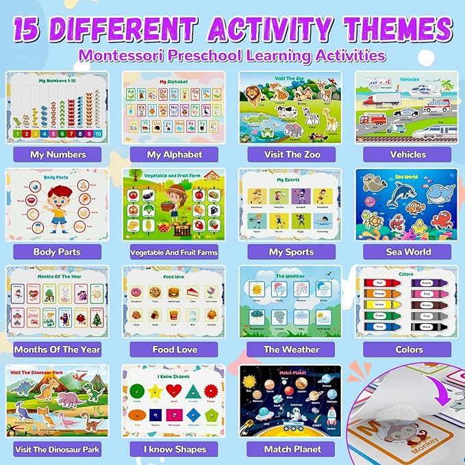 Busy Book for Toddlers 3+, Preschool Learning Activities with 30 Themes Prek Preschool Workbooks, Montessori Educational Learning Toys Activity Books for Christmas Birthdays Gifts Boys Girls