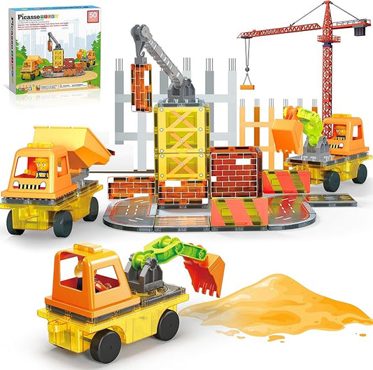 PicassoTiles Magnet Tile Construction Themed Building Blocks 5-in-1 Crane, Ladder, Dump Truck, Excavator, and Backhoe Action Figures, 2 Car Base Vehicles Magnetic Tiles Learning Toys Kids Ages3+ PTU06