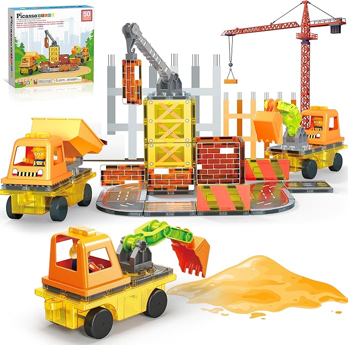 PicassoTiles Magnet Tile Construction Themed Building Blocks 5-in-1 Crane, Ladder, Dump Truck, Excavator, and Backhoe Action Figures, 2 Car Base Vehicles Magnetic Tiles Learning Toys Kids Ages3+ PTU06