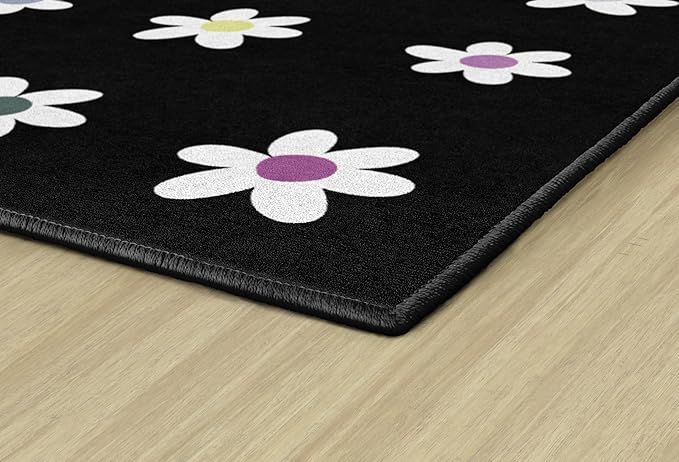 Flagship Carpets Schoolgirl Style Daisies on Black Criss-Cross Applesauce Educational Area Rug for Kids Room, Children's Classroom, Play Carpet for Teaching and Playroom, 5' x 7'6", Seats 20