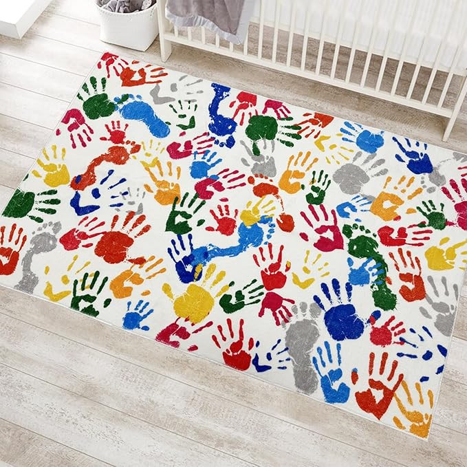 Colorful Handprints and Footprints Kids Rug Play Carpet, Washable Area Rug for Kids Bedroom, Non-Slip Play Mat Ultra Soft Thick Indoor Plush Rugs for Playroom Classroom Nursery Decor
