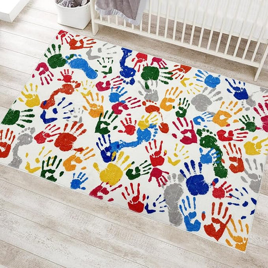 Colorful Handprints and Footprints Kids Rug Play Carpet, Washable Area Rug for Kids Bedroom, Non-Slip Play Mat Ultra Soft Thick Indoor Plush Rugs for Playroom Classroom Nursery Decor