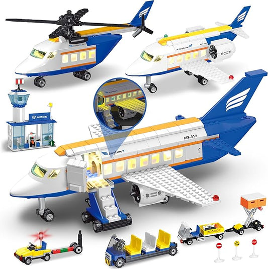 Airplane Set Building Toys with LED Light, 3 IN 1 Plane City Passenger Building Blocks with Airport Terminal, Luggage Trailer, Aircraft, Airplane Toy Sets for Kids, Boys, Girls Age 6-12, Birthday Gift