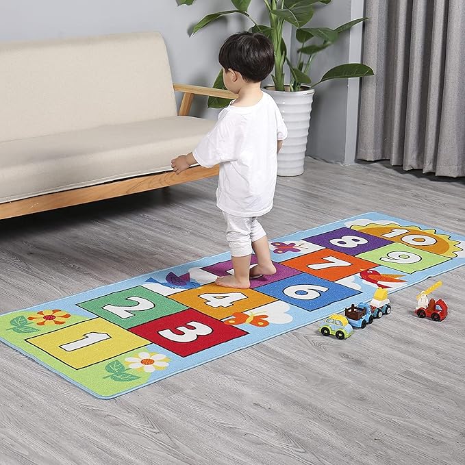 Hop and Count Hopscotch Rug, Kids Floor Play Area Rug Game Carpet Crawl Jump Mat, Children Numbers Learning Non-Slip Rug, Great for Ages 3 to 7 Boys Girls, Home Decor, 26''x78''