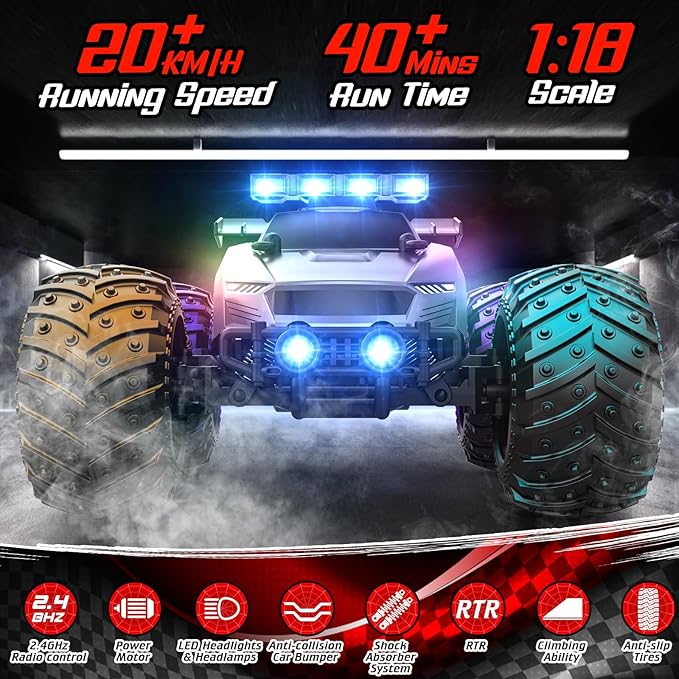 Remote Control Car - 20km/h 1:18 High Speed RC Cars Offroad with RBC &Headlights &Headlamps, 2.4GHz Toy Car Gift for 3 4 5 6 7 8 9 10-12 Year Old Boys Girls Kids