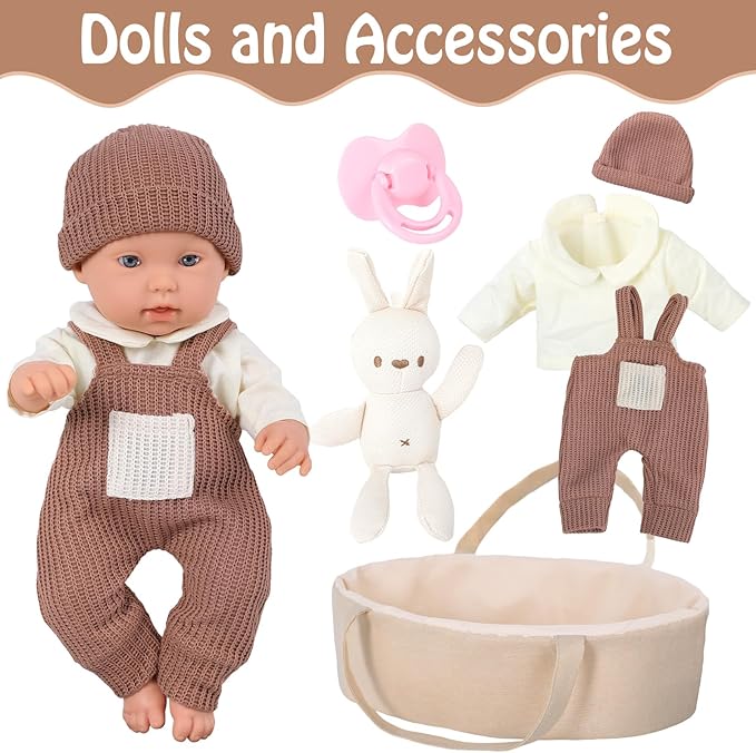 12" Baby Dolls with Carrier Bassinet,Newborn Alive Doll with Accessories and Knit Clothes Includes Pacifier,Bunny Toy,First Baby Doll for Toddlers 3 Ages and Up