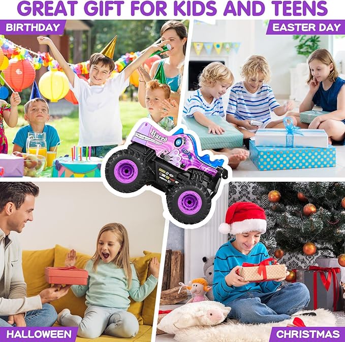 Remote Control Car, 2.4Ghz All Terrain Pony Monster Truck Toys, RC Truck with Music, 3 Lighting Effects, 360 Stunt Capable, All Included Ready to Run, Toy Gifts for Boys and Girls (Pink)