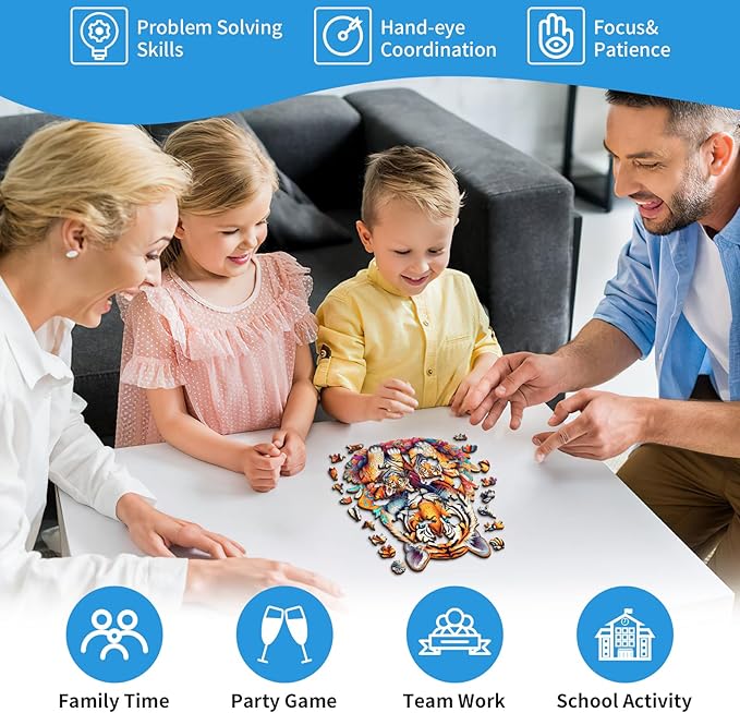 Wooden Puzzles for Adults, Tiger Family (M-190pcs) Wooden Jigsaw Puzzles Kids, 11.2 * 11.8in Unique Shaped Animal Wood Puzzles Adults, Fathers Birthday Family Games