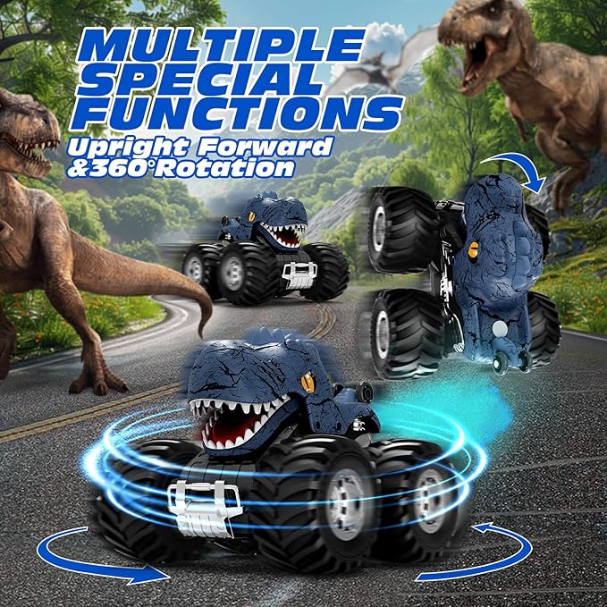 Tecnock Remote Control Monster Trucks Car, 360° Rotating RC Cars for Boys, 2.4GHz Dinosaur Toys with Spray, Light & Sound, Toys for Kids 6 7 8 Year Olds, Gift for Boys and Girls