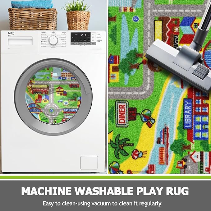 Capslpad Kids Rug 6'6" x 9'8" Educational Learning Kid Play Area Rug Large Traffic Road Cars Rug Play Mat for Kids Toy Nursery Rug Car Carpet for Playroom Living Room Classroom Decor Green