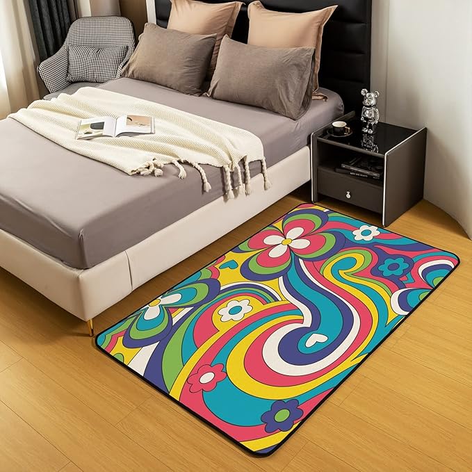 Hippie Boho Floral Rug Colorful Groovy Flower Power Carpet 3x5 Trippy Spring Garden Botanical Area Rug for Girls Teen Women 60S 70S Theme Bohemian Non Slip Decorative Rug for Bedside