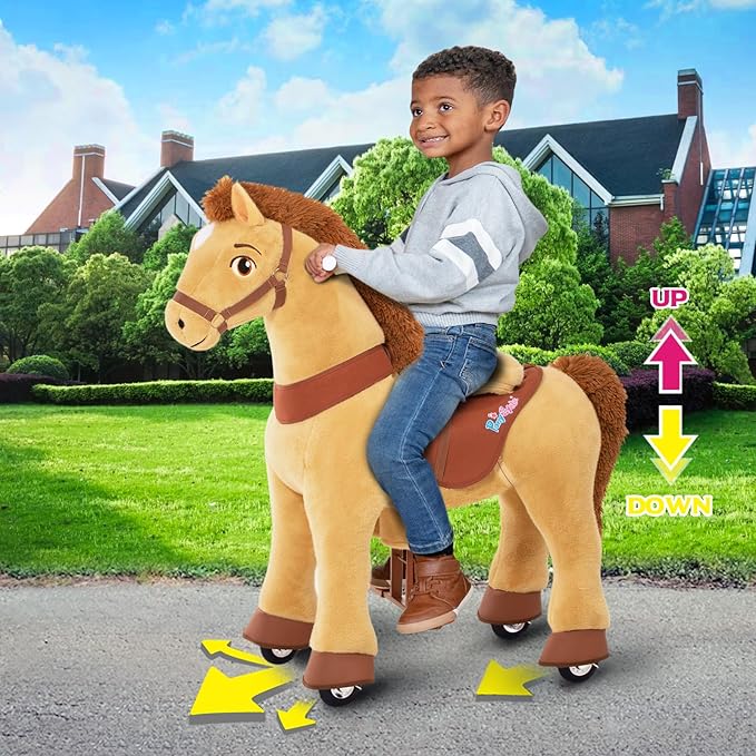 PonyCycle Horse Ride on Pony Toys Riding Horses Rocking Horse Walking Essential Model E (with Brake/ 35.4" Height/Size 4 for Age 4-7) Boys and Girls Gifts Ride on Horse with Wheels Light Brown E436