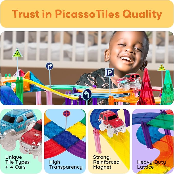 PicassoTiles 150 Piece Race Car Track Building Block Educational Toy Set Magnet Tile Magnetic Blocks Playset 4 Cars Early STEM Learning Construction Kit Hand-Eye Fine Motor Skill Brain Training PTR150