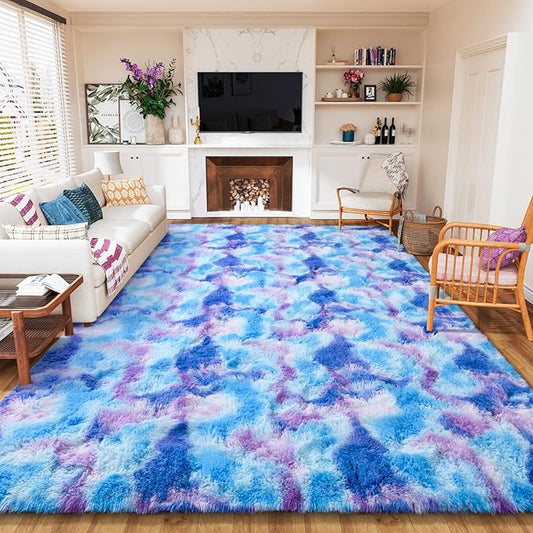 AROGAN 8x10 Feet Soft Runner Rugs for Bedroom Plush Fluffy Rug, Shag Furry Area Rug Carpet Non Shedding for Nursery Children Kids Girls Room Home Hallways Decorative, Blue and Purple