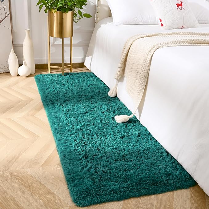 Amearea Shag Blue and Green Runner Rug for Bedroom Girls Living Room, 2x6 Teal Green Feet Extra Soft and Fluffy Shaggy Rugs, Non Slip, Indoor Floor Long Carpet Mat for Boys Nursery Home Decor
