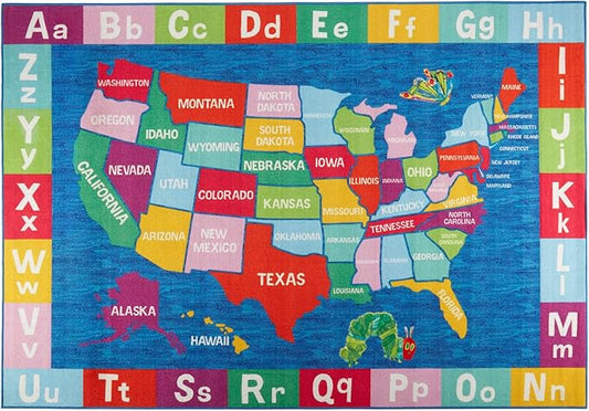 Eric Carle Elementary USA Map Kids Machine Washable Area Rug Blue/Red, 4'11"x6'6"