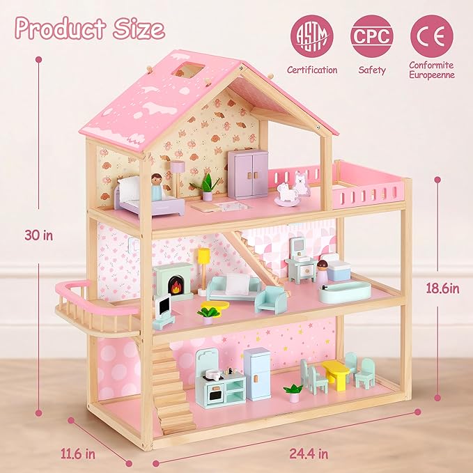 Wooden Dollhouse with 36Pcs Dollhouse Furniture Accessories, 7 Rooms Large Modern Doll House, Ideal Toy Gift for Girls Boys Toddlers Ages 3+