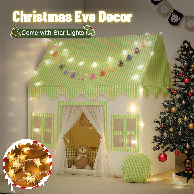 Kids Play Tent Indoor: Mat, Tassel Garland, Star Lights - Green Checkered Boys Tent Playhouse for Toddlers Kids Toys for Boy Girl Birthday Gift
