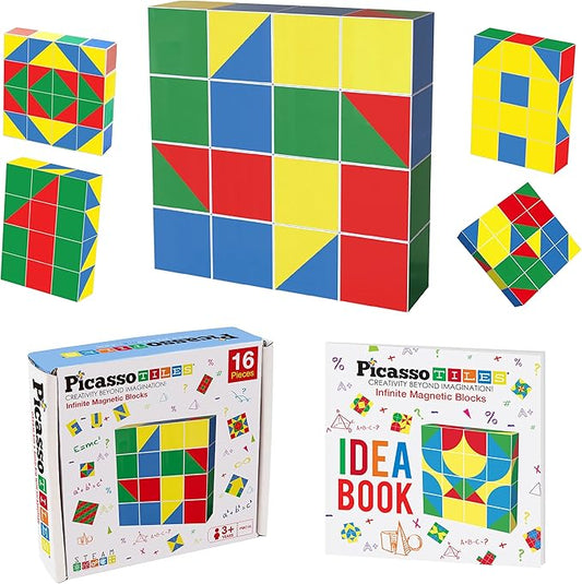 Picasso Cubes 16 Piece Magnetic Puzzle Game Magic Cube Puzzles Brain Teaser Set Kids Toy Magnet Pattern Block Matching Toys with Free Ideabook 100+ Inspirations Included STEM Learning Early Education