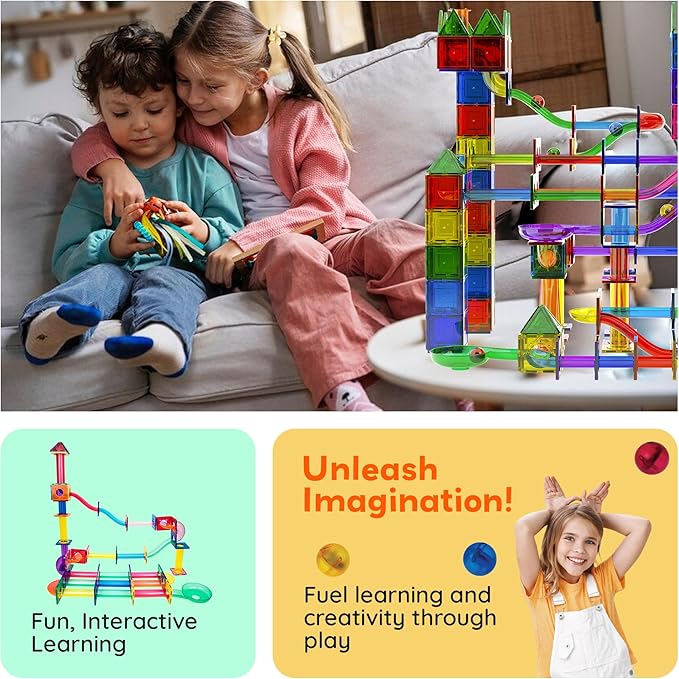 PicassoTiles Marble Run 120 Piece Magnetic Building Blocks Magnet Tile Construction Toy Playset STEM Learning Educational Block Child Brain Development Kids Toys for Boys and Girls Age 3 and Up