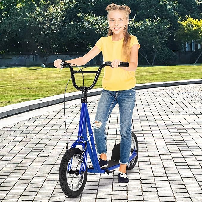 Goplus Youth Kick Scooter, Kids Kick Scooter W/ 12-Inch Air Filled Wheels, Carbon Steel Frame, Adjustable Handlebar, Front and Rear Dual Brakes, Ride On Toys for Adults Teens 8+