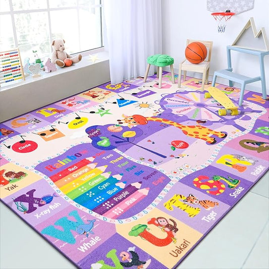 Chicrug Educational Kid Area Rug for Playroom, 7x10 TPR Non Slip Kids Classroom Carpet Rug for Learning ABC Animal Shape Color Washable Play Mat Rug for Children Nursery Toddler Room Decor