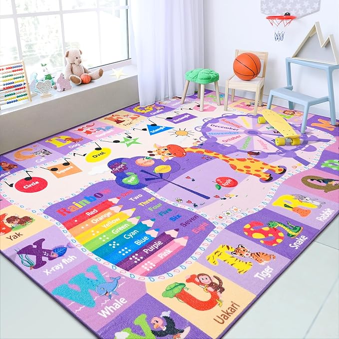 Chicrug Educational Kid Area Rug for Playroom, 5x7 Feet TPR Non Slip Kids Classroom Carpet Rug for Learning ABC Animal, Shape Color Fruit, Washable Play Mat Rug for Children Nursery Toddler Room Decor