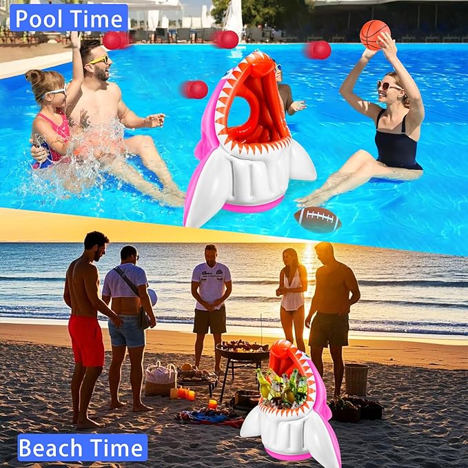 Shark Pool Toys, 3-in-1 Inflatable Pool Floats Basketball & Football & Head Hoop Toss Water Games Fun Beach Outdoor Activities for Kids Adults, Family Party Gift for Boys Girls 3 4 5 6 7 8 9