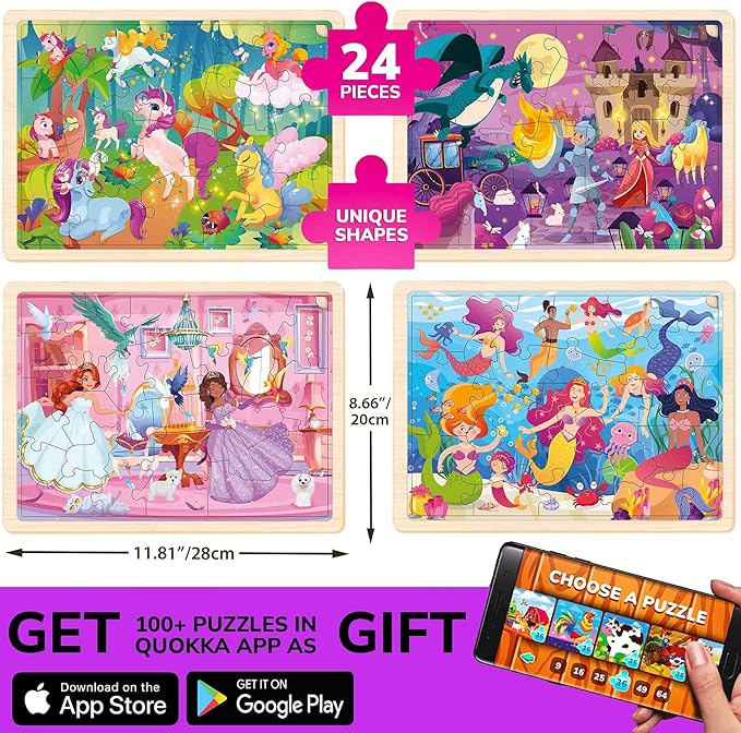 QUOKKA 4SET Puzzles for Kids Ages 4-6 - 24 Pcs Wooden Toddler Puzzles Ages 3-5 - Mermaids, Princesses, Unicorns Learning Games for Boys and Girls 4-8 Year Olds