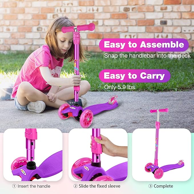 BELEEV A2 Scooters for Kids 3 Wheel Kick Scooter for Toddlers Girls Boys, 4 Adjustable Height, Lean to Steer, Light up Wheels, Extra-Wide Board, Easy to Assemble for Children Gift Sport Toys Ages 3-12