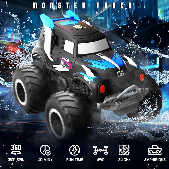 BEZAR Remote Control Monster Truck - Amphibious Remote Control Car for Kids, All Terrain 4WD Off-Road RC Trucks with 2 Rechargeable Batteries, Christmas Birthday Gifts Toys for Boys & Girls Age 4-12