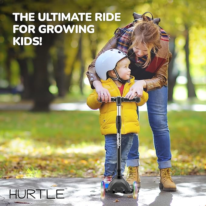 Hurtle Mini Kickboard Scooter for Kids – Height Adjustable 25-28 Inches, 3-Wheel Toddler Micro Scooter with LED Light-up Wheels, Lightweight Riding Toy, Non-Slip, Indoor/Outdoor Fun, Ages 2-5 (Pink)