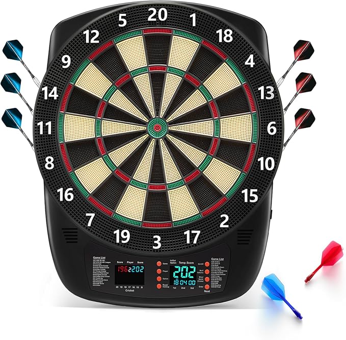 Electronic Dartboard Set with Colorful LED Displays, Soft Tip Cricket Dart Board AC & Batteries - Including 6 Darts, 130 Tips,6 Integrated Dart Tail, 2.5m Extended Power Adapter