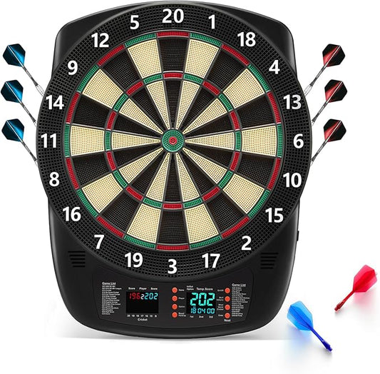 Electronic Dartboard Set with Colorful LED Displays, Soft Tip Cricket Dart Board AC & Batteries - Including 6 Darts, 130 Tips,6 Integrated Dart Tail, 2.5m Extended Power Adapter