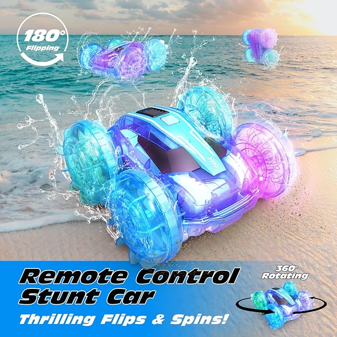 Tecnock Amphibious Remote Control Car Boat for Kids, 4WD RC Cars with Waterproof Remote, 2.4GHz RC Boat with LED Lights, 60 Minutes of Playtime, Water Pool Toys Gifts for Boys and Girls