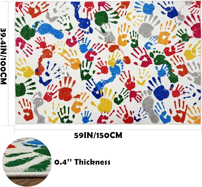 Colorful Handprints and Footprints Kids Rug Play Carpet, Washable Area Rug for Kids Bedroom, Non-Slip Play Mat Ultra Soft Thick Indoor Plush Rugs for Playroom Classroom Nursery Decor